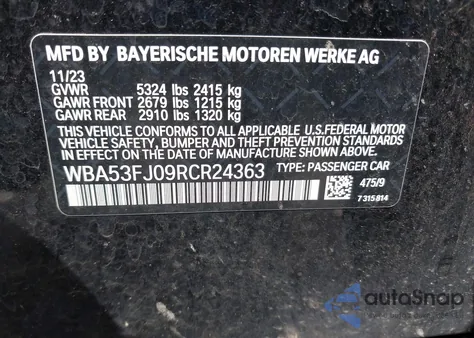 2024 BMW 530 I xDrive from USA, damaged, VIN WBA53FJ09RCR24363